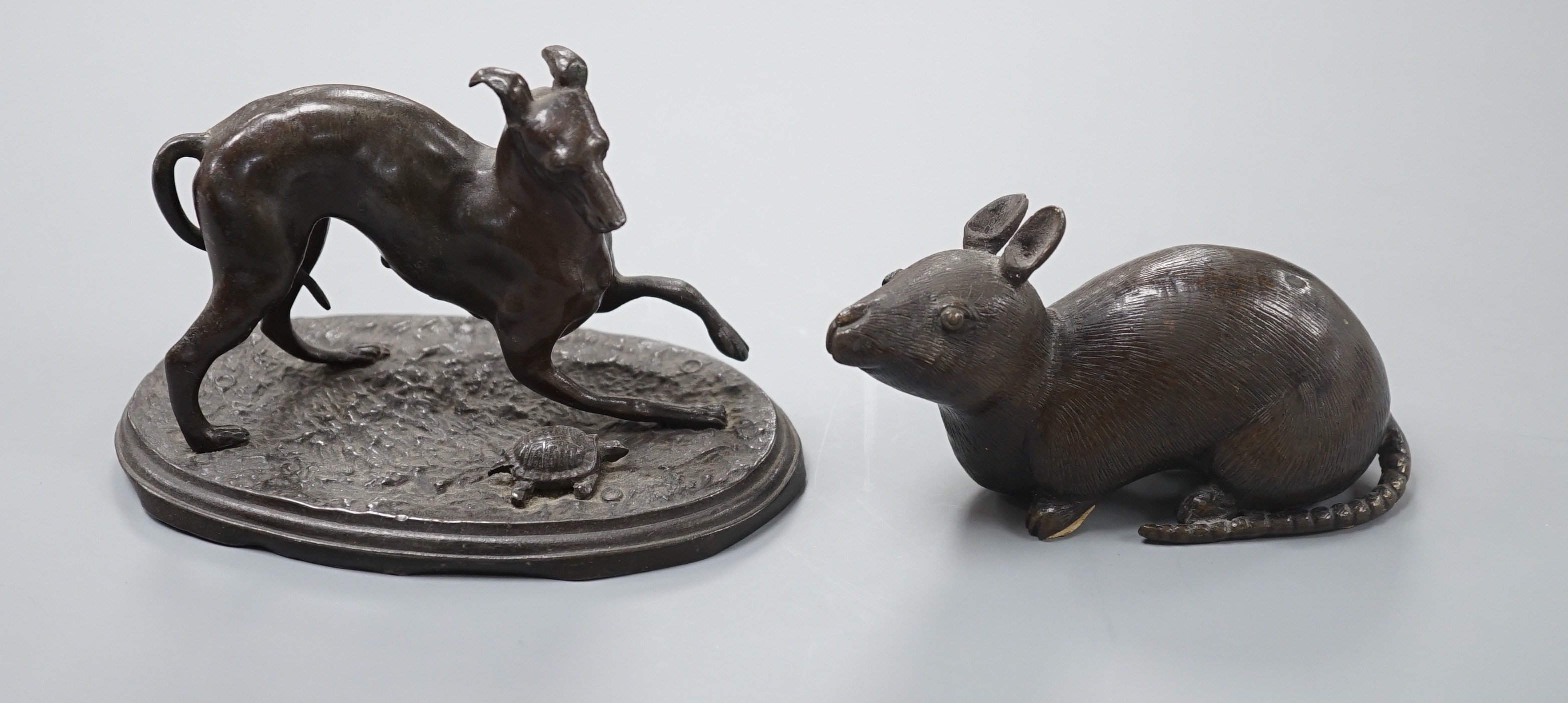 A bronze figure of a mouse and an Animalier group of a playful dog and tortoise, mouse 11cms wide.